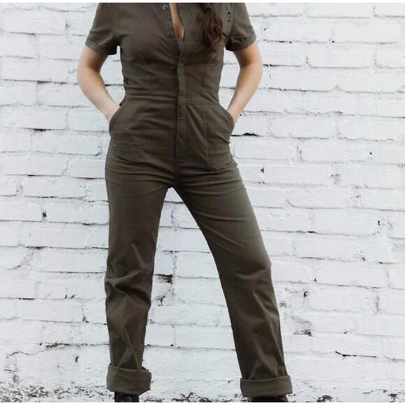 Pants - ATWYLD Pit Crew Jumpsuit Olive Green Coverall Style Women's Size L Short Sleeve